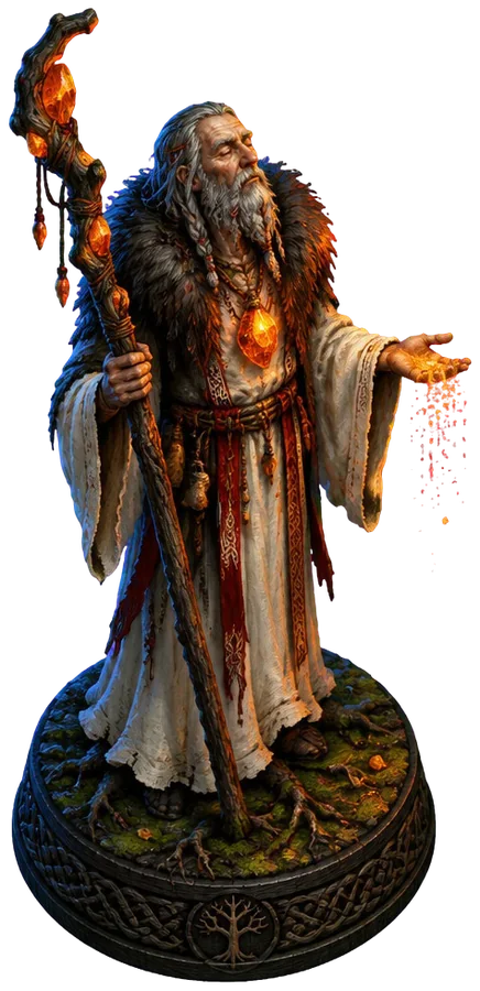 Figur Amber Seer berjubah linen dengan tongkat bertatah damar dan liontin damar yang menyala.