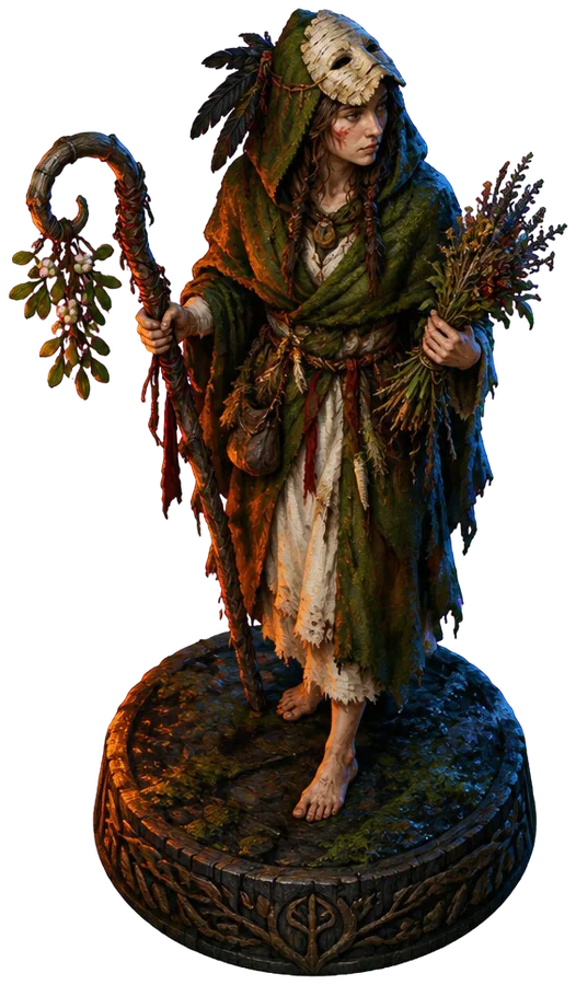 Figur Hedgewitch bertudung lumut dengan topeng kulit birch, tongkat kait berbenalu, dan seikat ramuan.