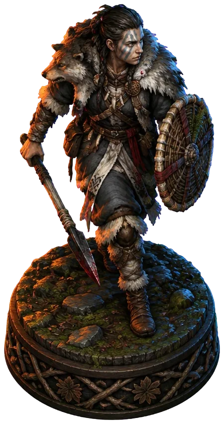 Figur Pathwarden berbulu serigala dengan tombak pendek dan perisai anyaman, di atas alas kayu ukir.