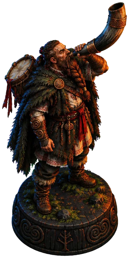 Figur Signalhorn berjanggut kepang meniup tanduk aurochs, genderang kecil di punggung.
